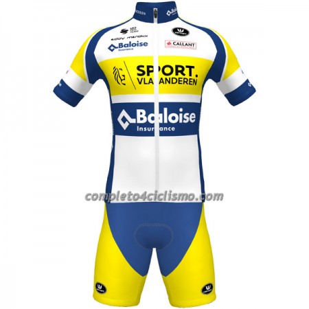 Completo Maglia + Pantaloncino con bretelle 2022 Sport Vlaanderen-Baloise Manica Corta Giallo Blu Bianco